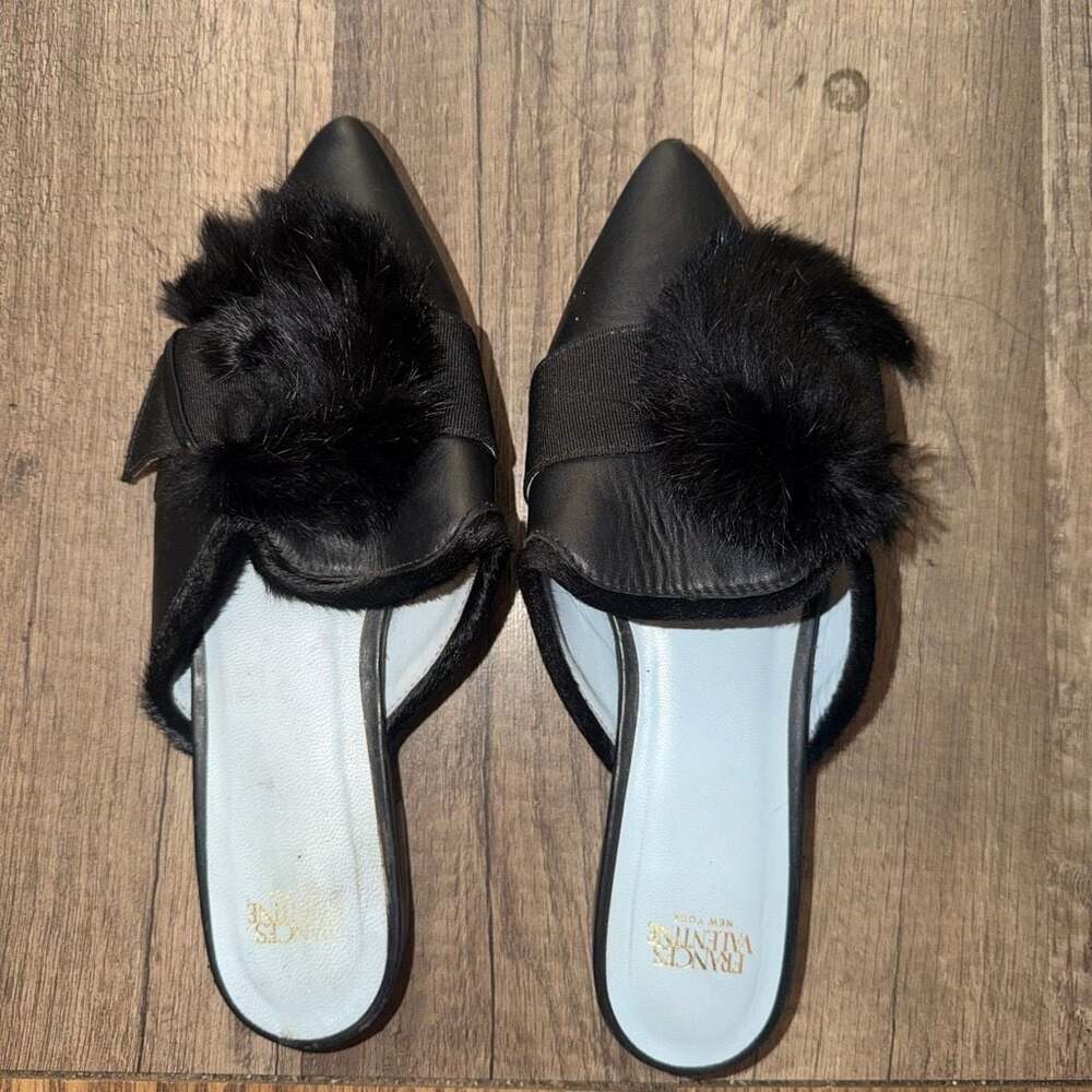 Frances Valentine Black Leather Pointed Toe Mules with Rabbit Fur Pom Detail